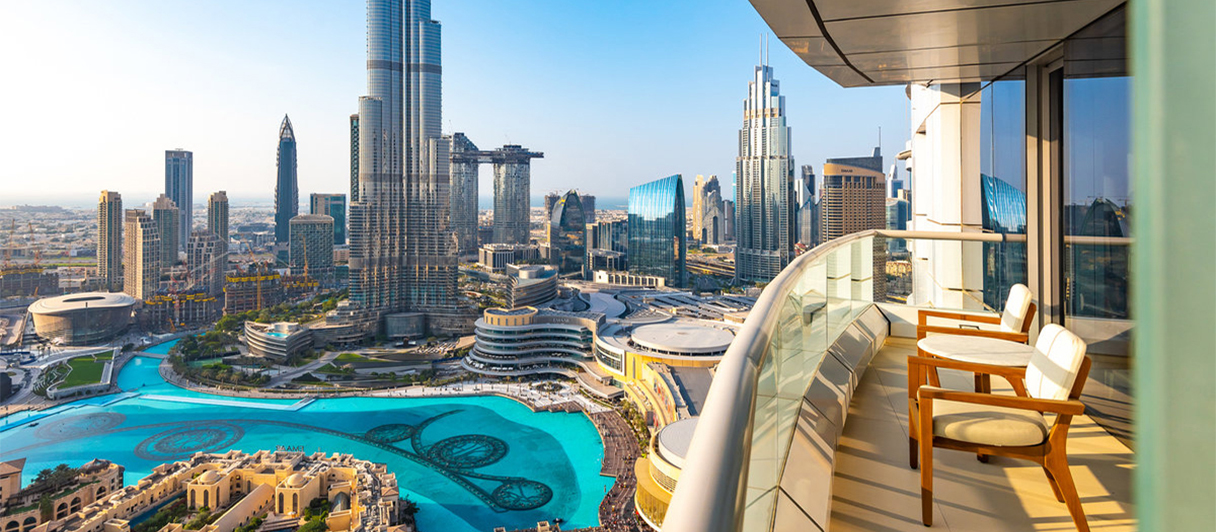 Downtown Dubai skyline view with Burj Khalifa and Dubai Fountain from luxury balcony