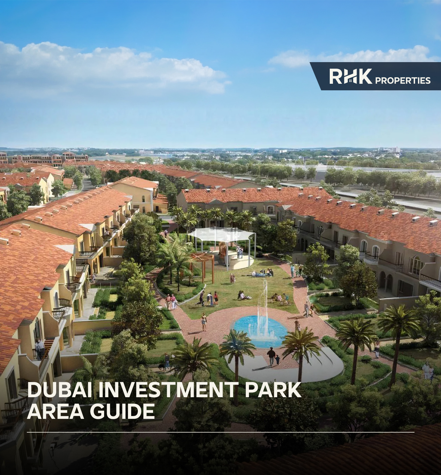 Landscaped courtyard, fountain, and “Dubai Investment Park Area Guide