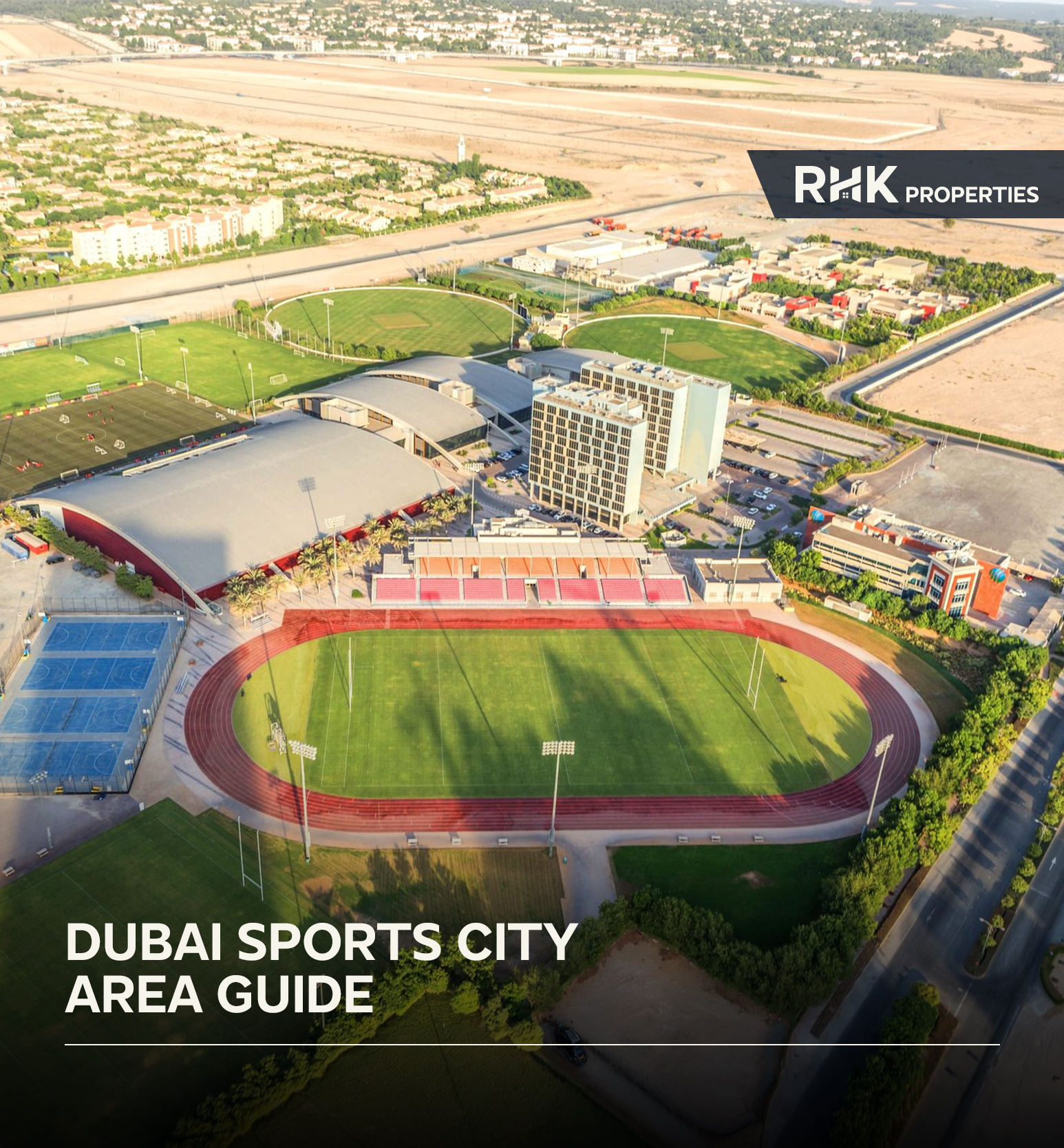 Dubai Sports City residential towers and cricket stadium view