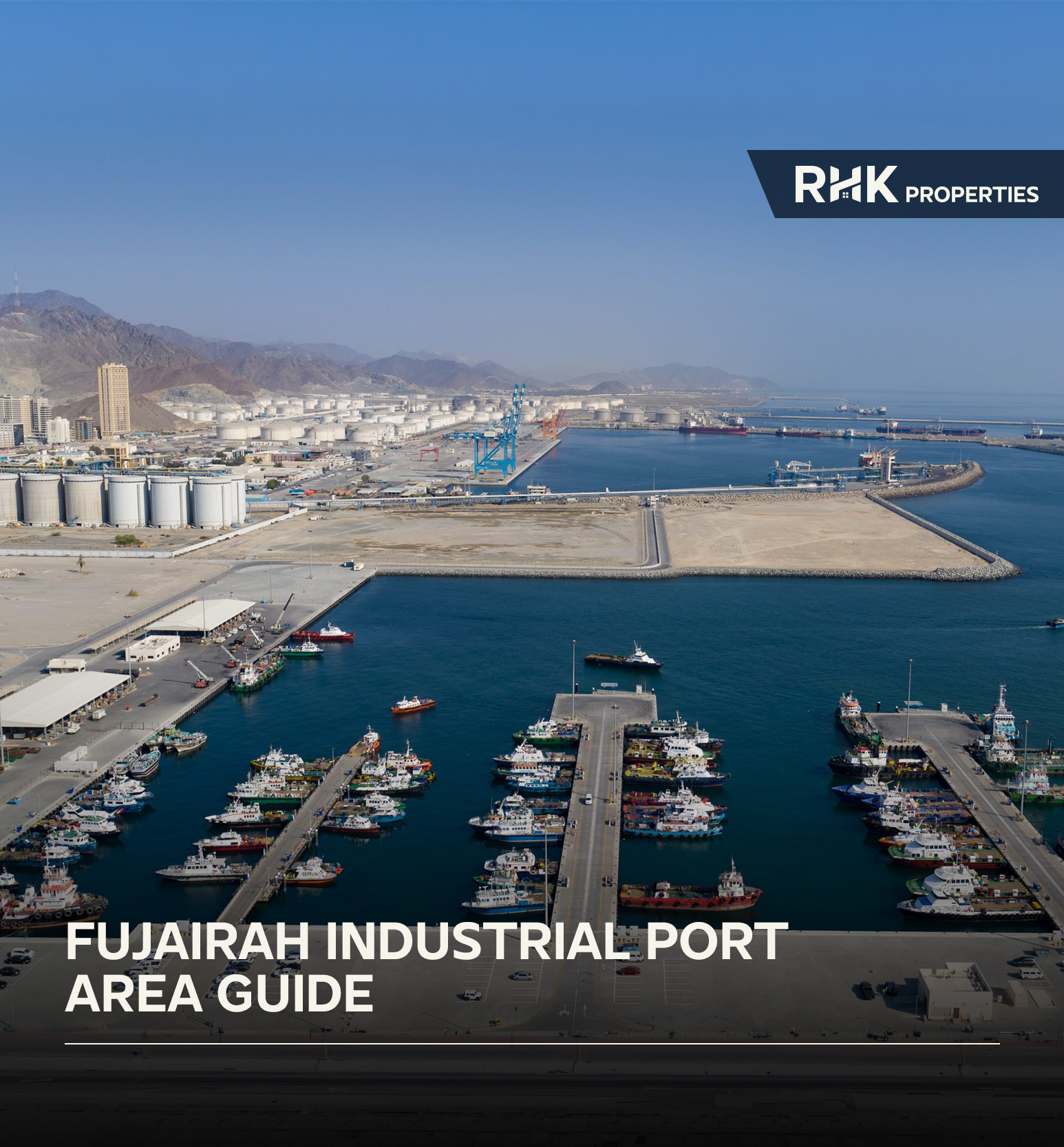 Fujairah industrial harbor with pipelines, vessels, and coastal infrastructure