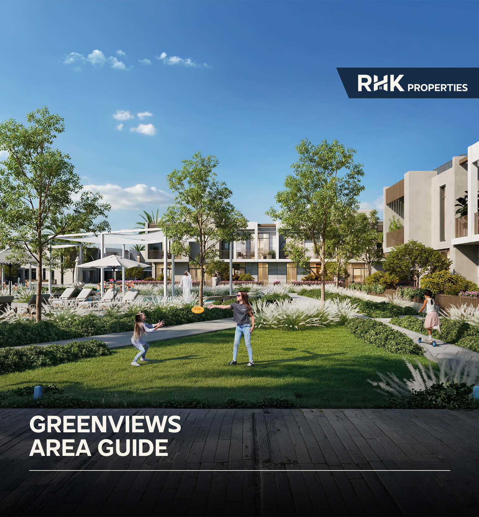 Modern villa community with swimming pool and greenery in Greenviews