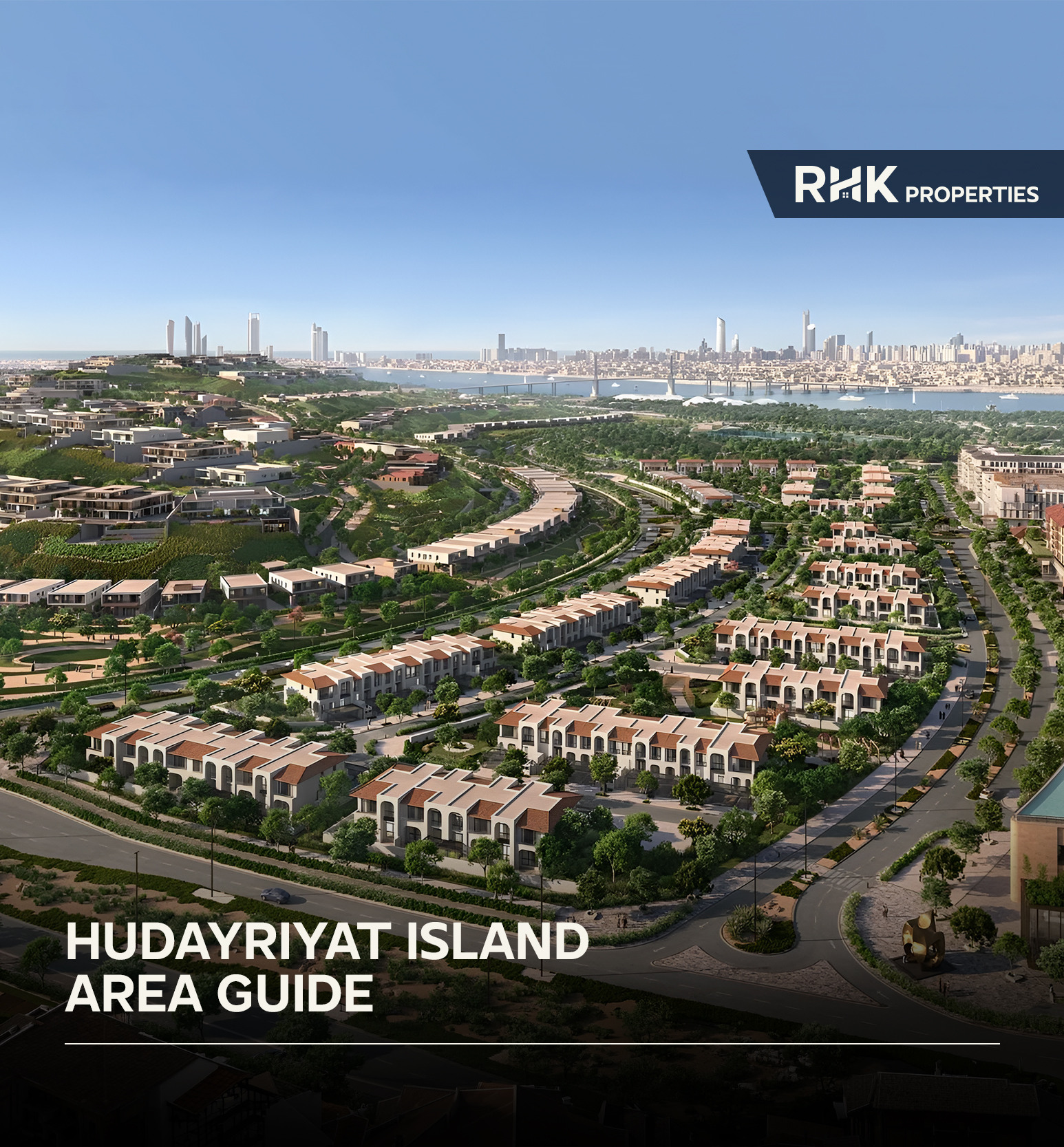 Modern residential villas with landscaped parks overlooking Hudayriyat Island coastline