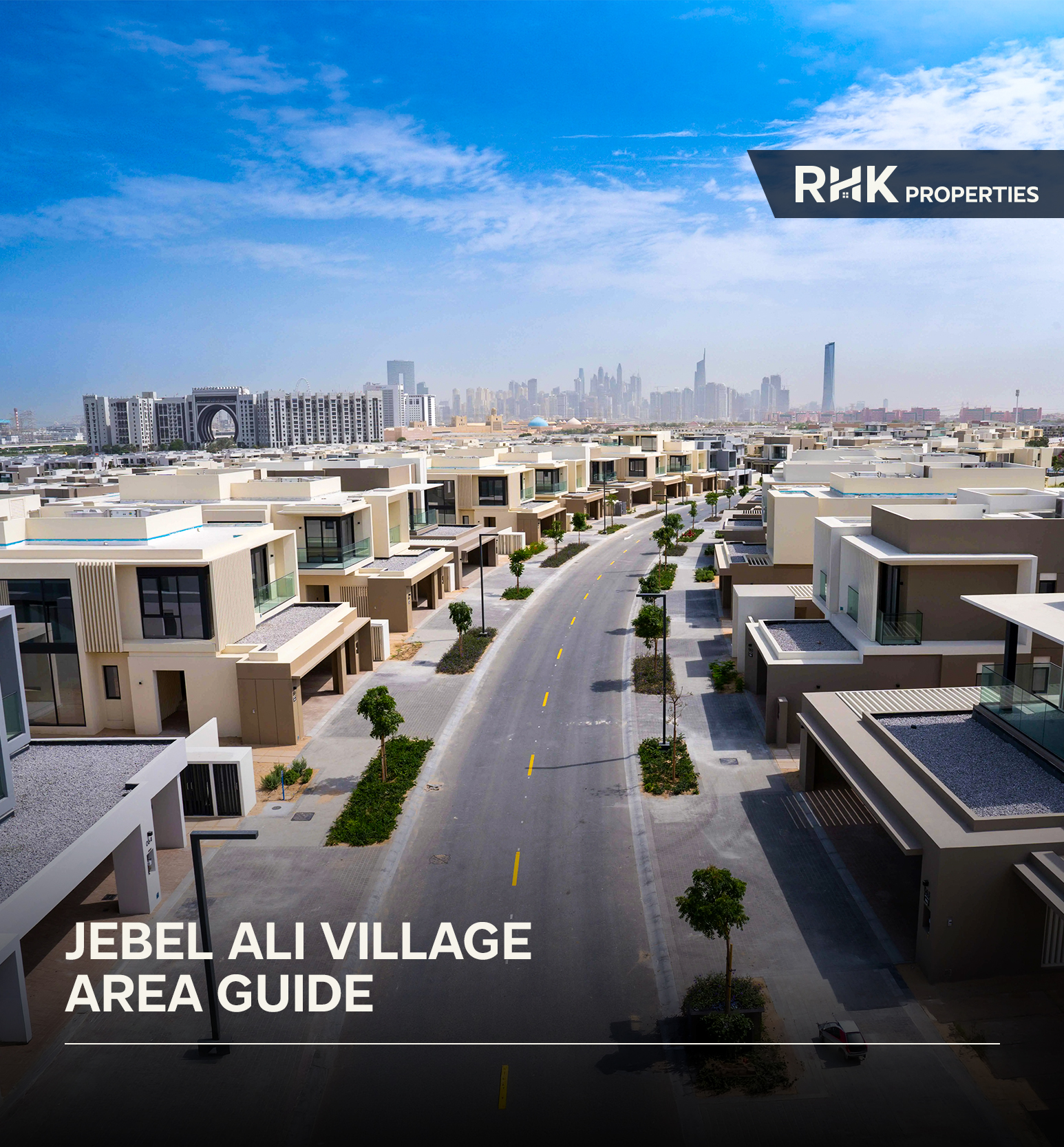 Aerial view of Jebel Ali Village neighborhood with villas and tree-lined roads