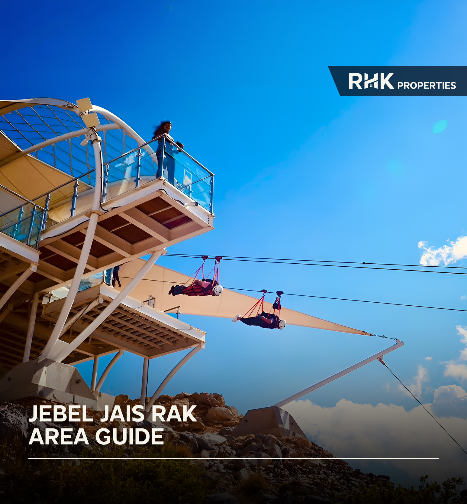 Visitors riding the Jais Flight zipline over the canyons of Jebel Jais, UAE's highest mountain.