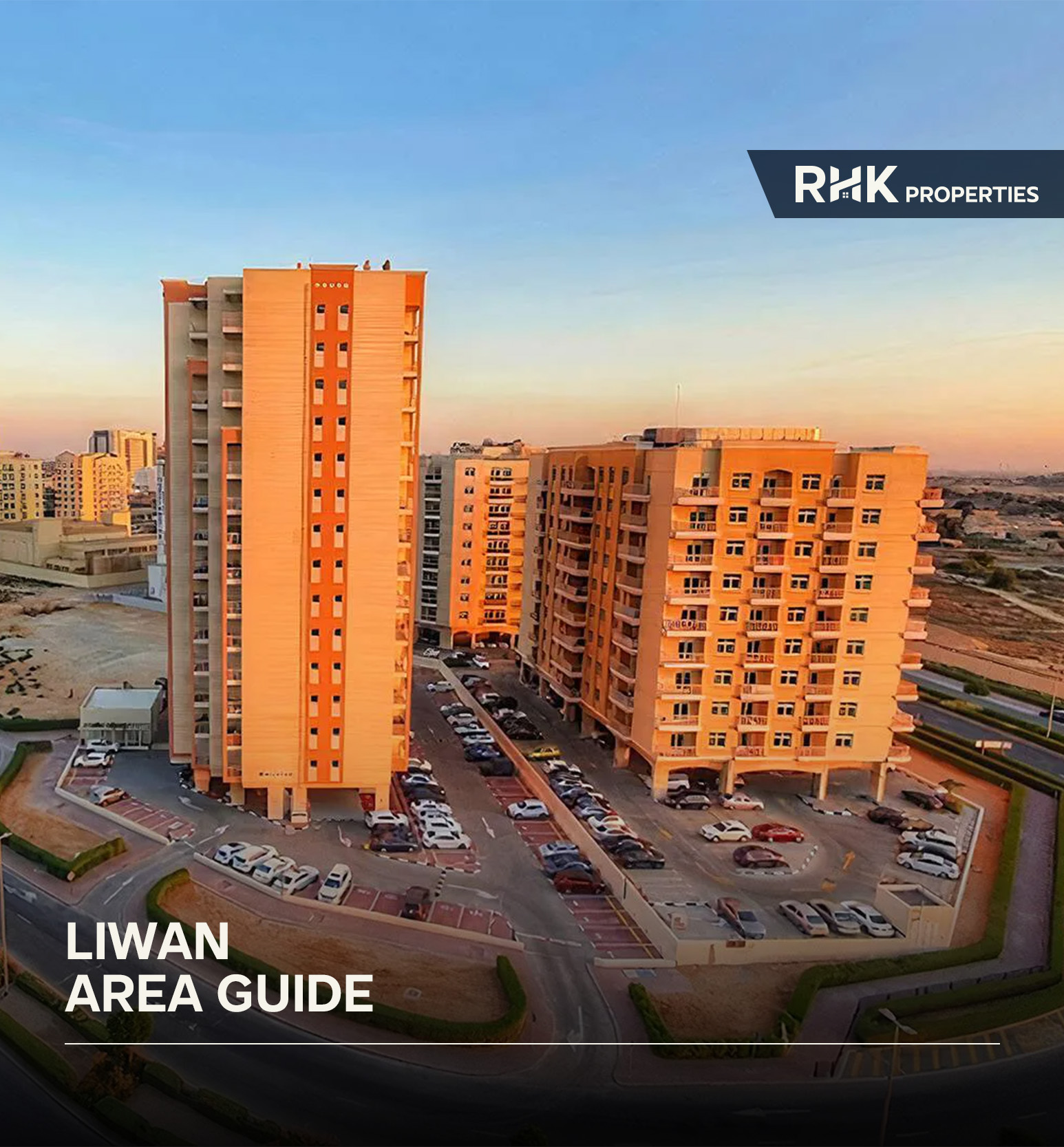 Aerial view of Liwan Dubai showcasing contemporary apartment buildings, parking areas, and the growing Dubailand community.