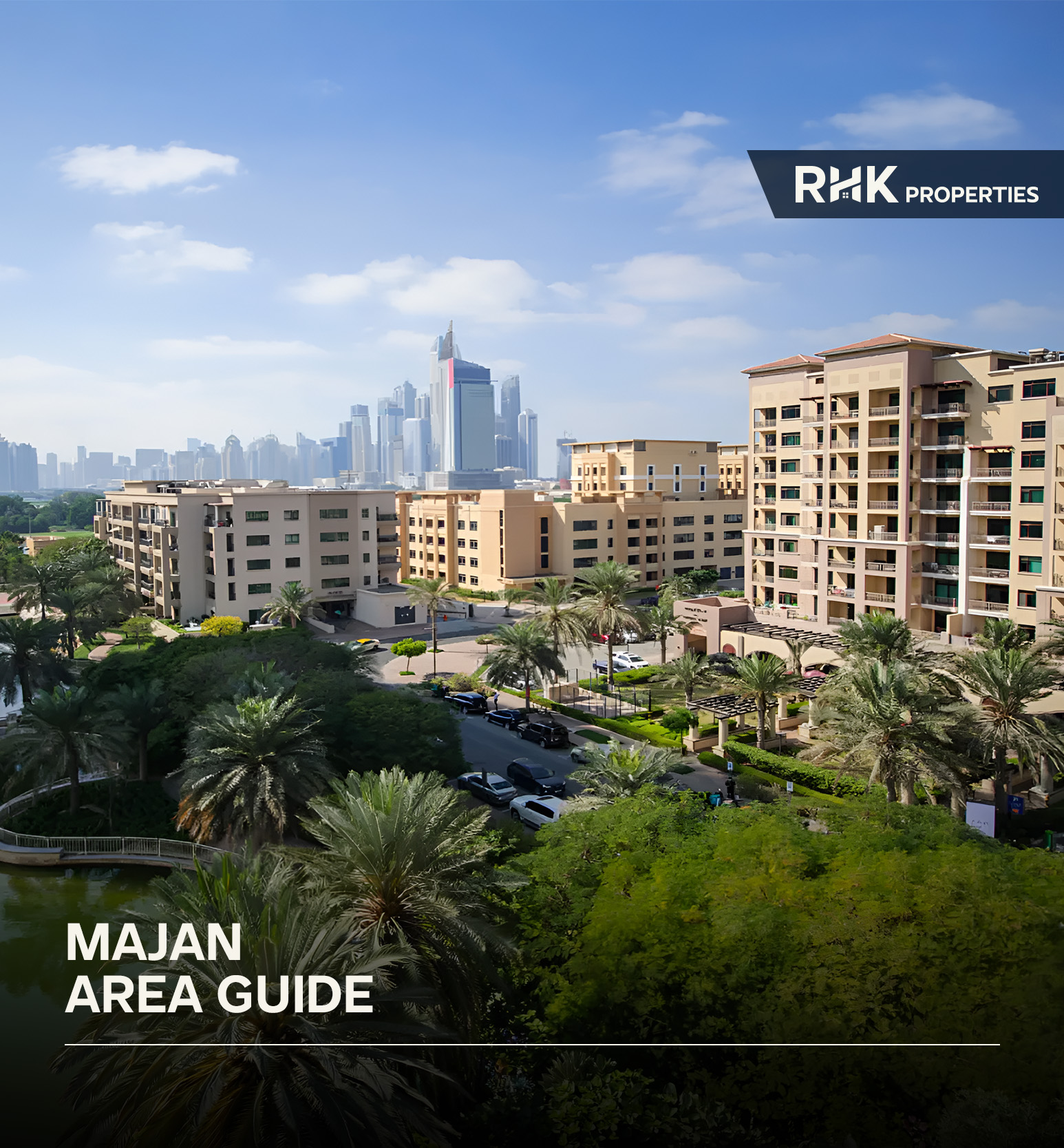 Majan Dubai residential community featuring mid-rise apartment buildings, lush greenery, palm trees, and views of Dubai's skyline.