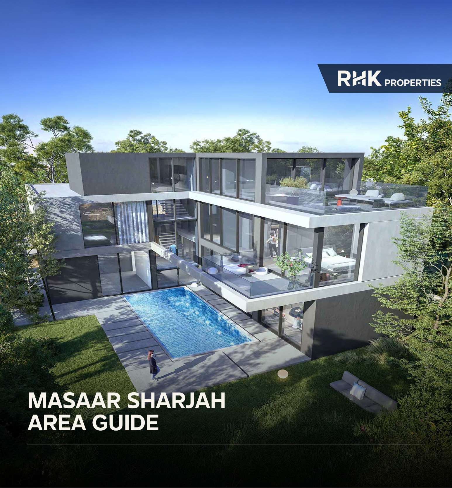 Aerial view of Masaar Sharjah highlighting tree-lined streets, modern homes, and the community's forest-inspired design.