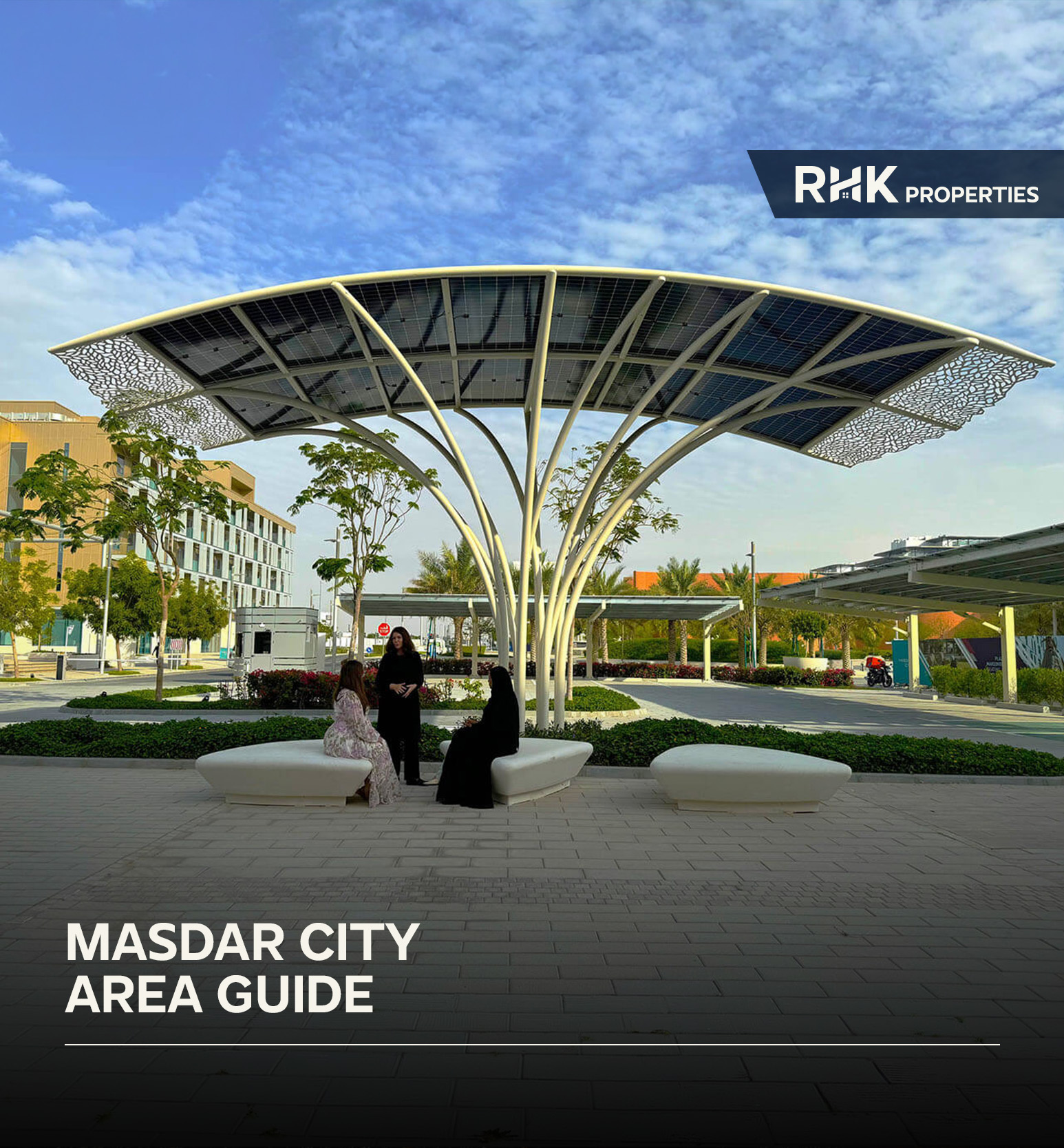 Solar-powered urban design and landscaped walkways in Masdar City.
