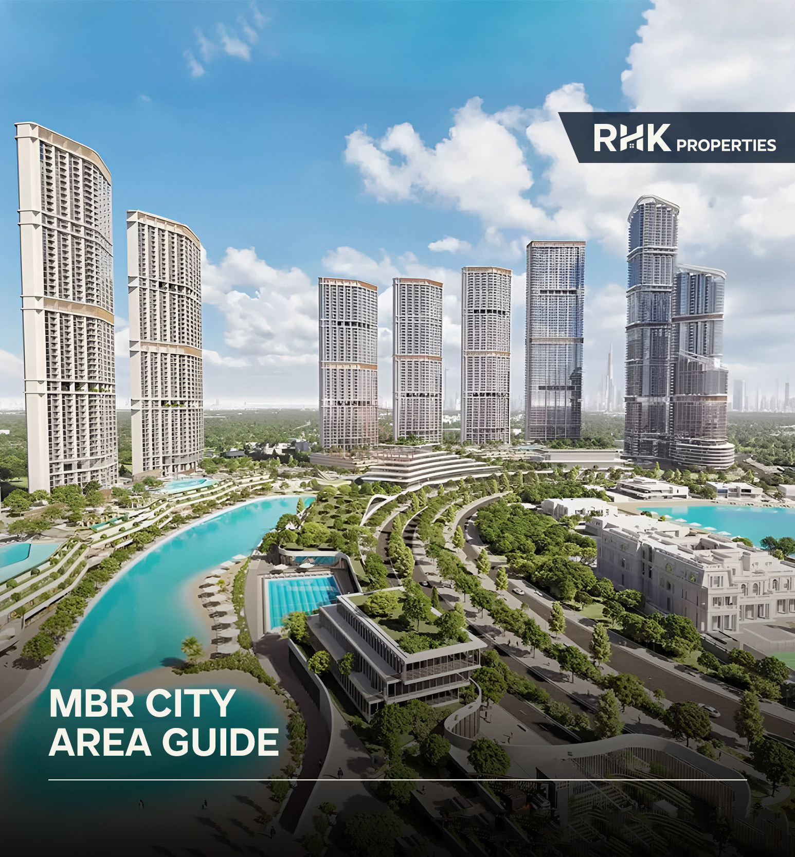 Waterfront villas in MBR City with Dubai skyline and Burj Khalifa views in the background.