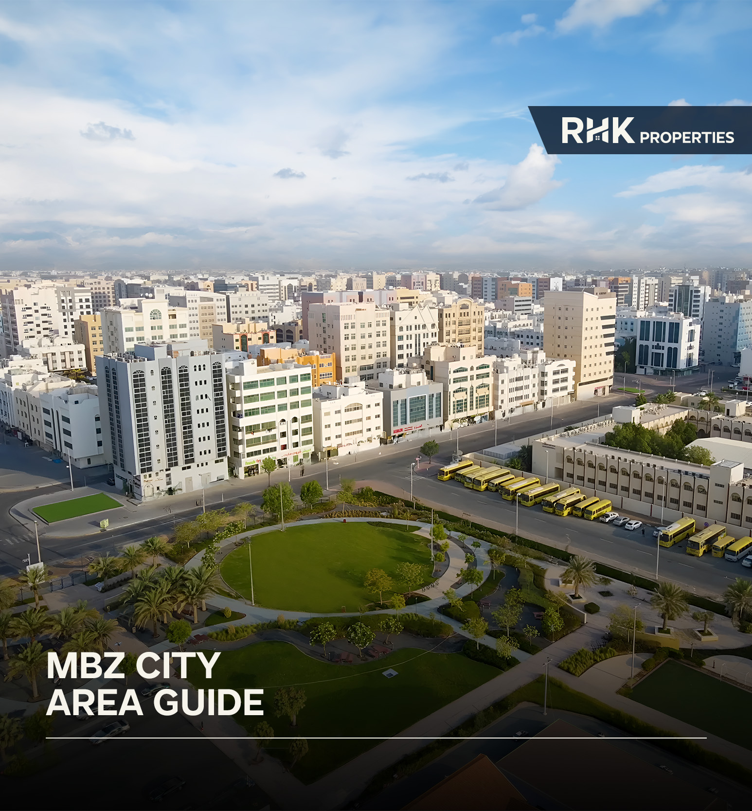Aerial view of Mohammed Bin Zayed City featuring residential buildings, parks, and community facilities.