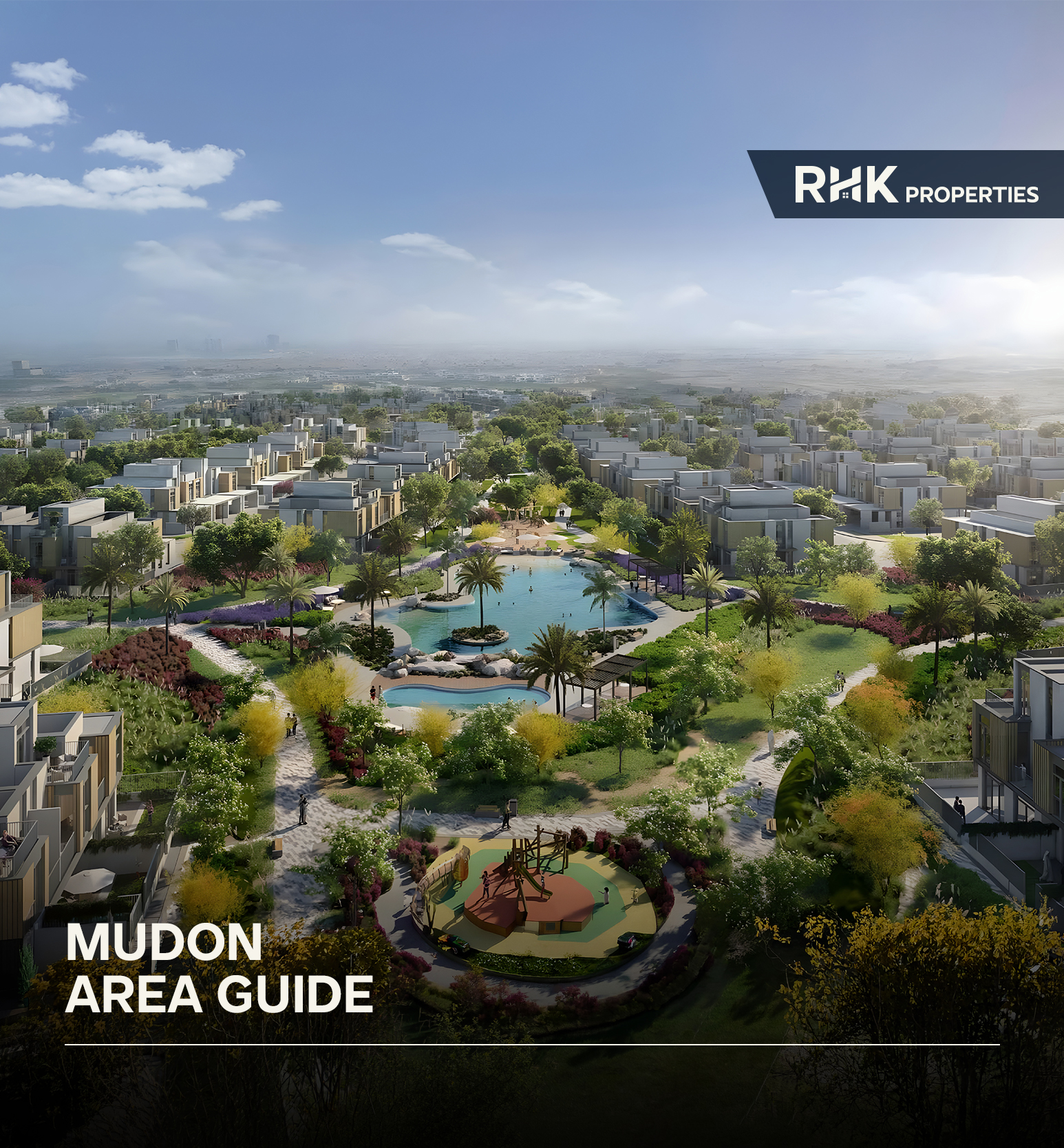 Aerial view of Mudon community park featuring green open spaces, walking trails, playgrounds, and residential villas.