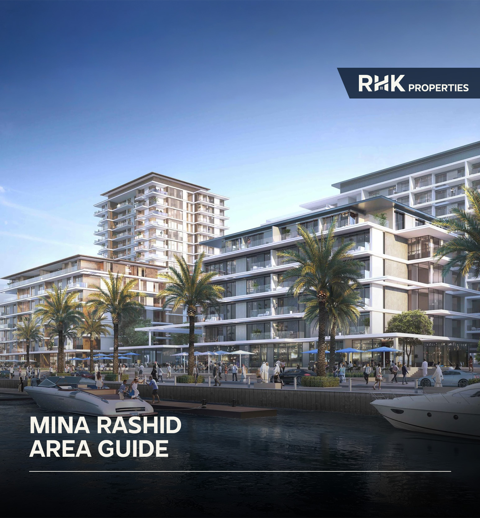 Modern waterfront apartments and marina promenade at Mina Rashid with palm-lined walkways and leisure spaces.