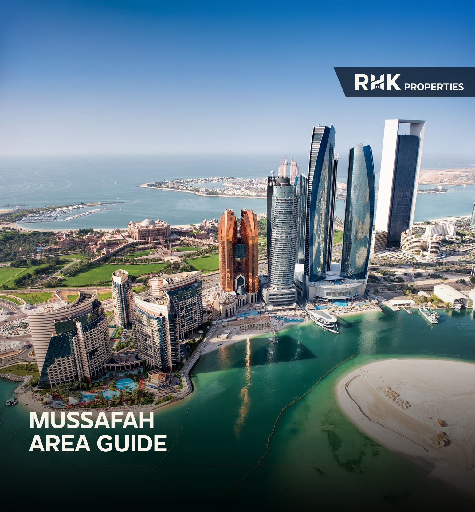 Aerial view of Abu Dhabi skyline and waterfront highlighting the city connected to the wider Mussafah district.