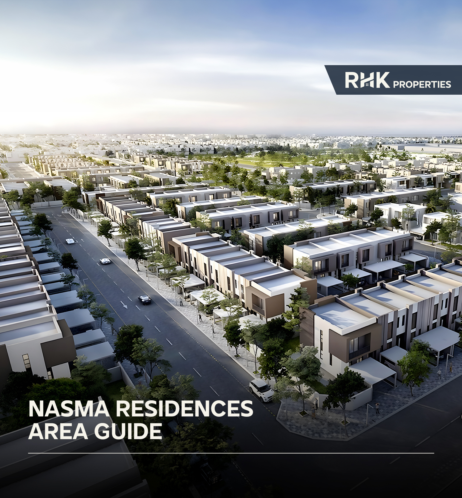 Aerial view of Nasma Residences featuring contemporary townhouses, tree-lined streets, and community green spaces.