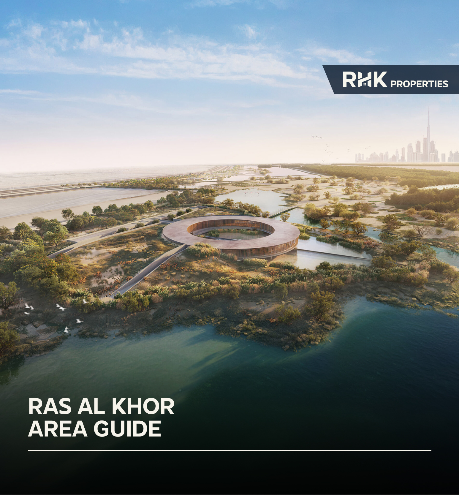 Modern visitor center surrounded by wetlands at Ras Al Khor Wildlife Sanctuary with panoramic views toward Downtown Dubai.