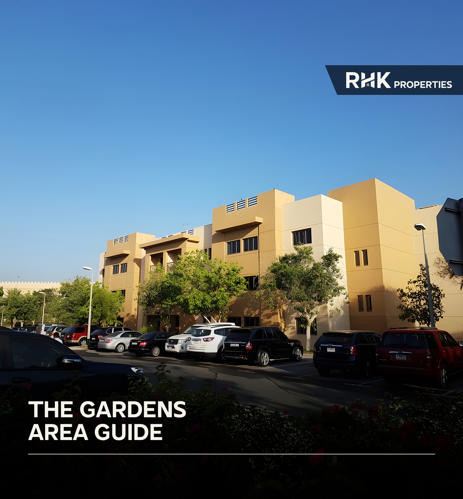 Modern apartment buildings in The Gardens Jebel Ali Village with shaded streets, greenery, and a peaceful residential environment.