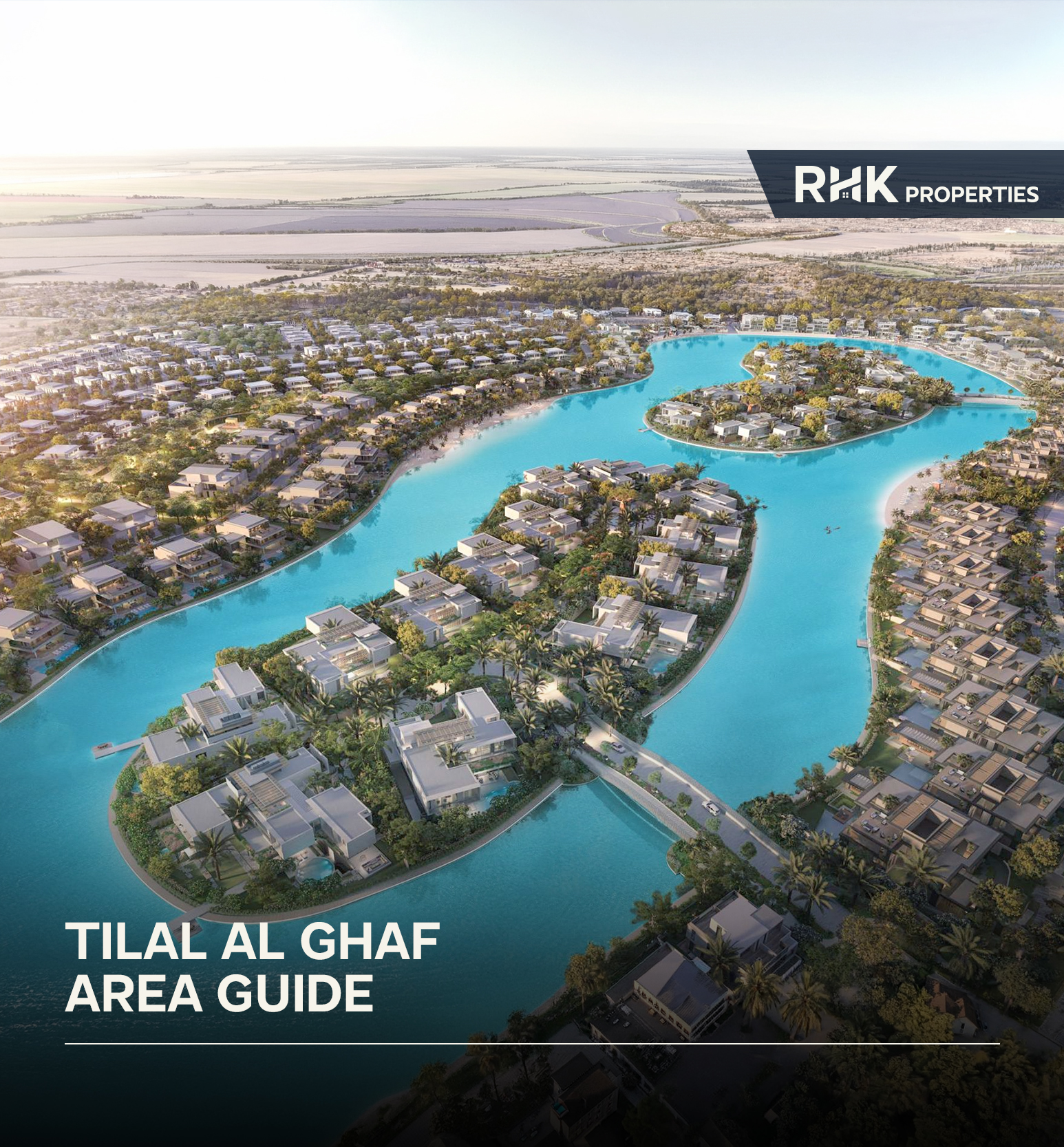 Aerial view of Tilal Al Ghaf showcasing Crystal Lagoon, luxury waterfront villas, islands, and extensive green spaces.