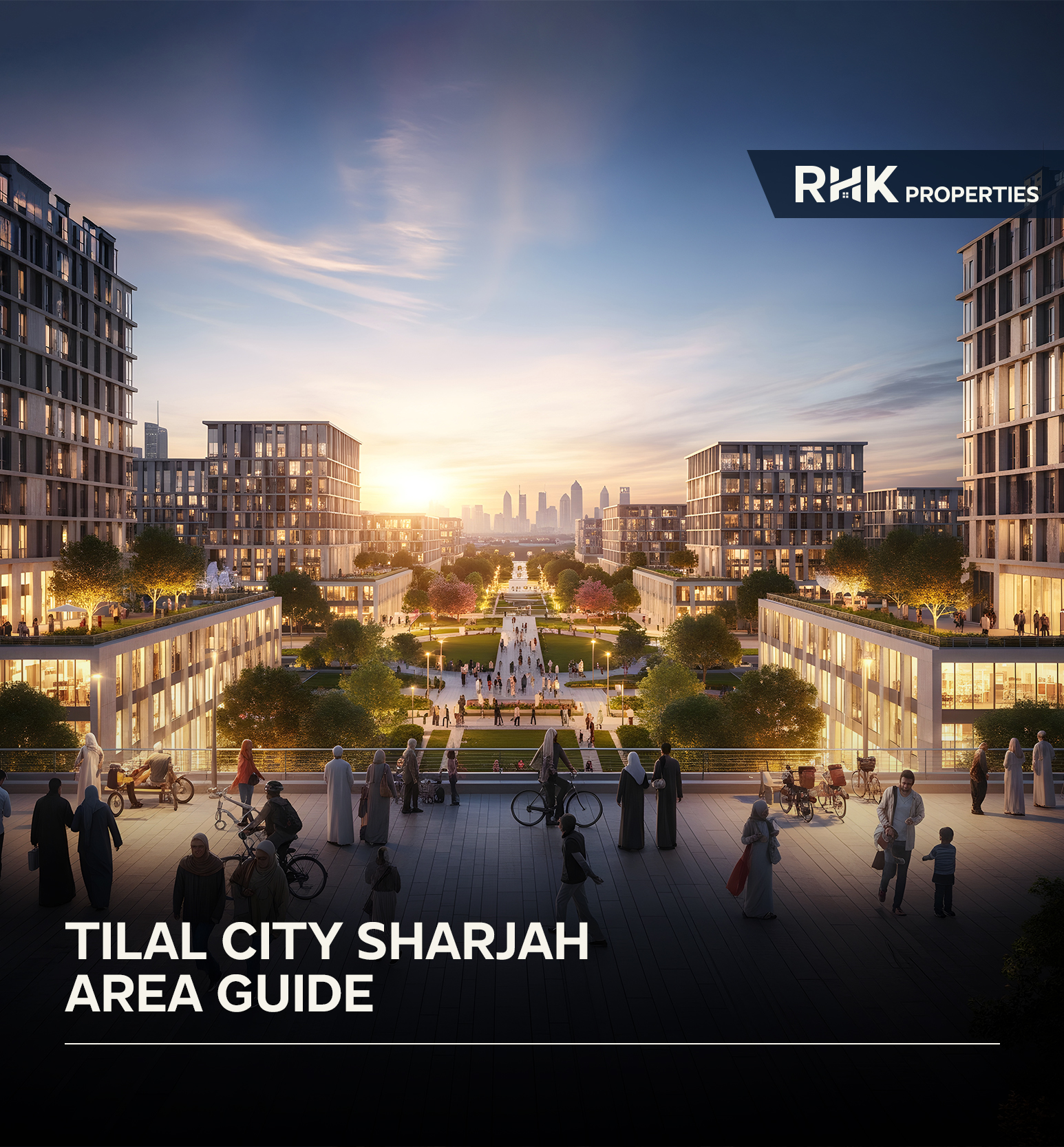 Aerial master plan rendering of Tilal City Sharjah showcasing residential districts, landscaped boulevards, mixed-use developments, and community amenities.