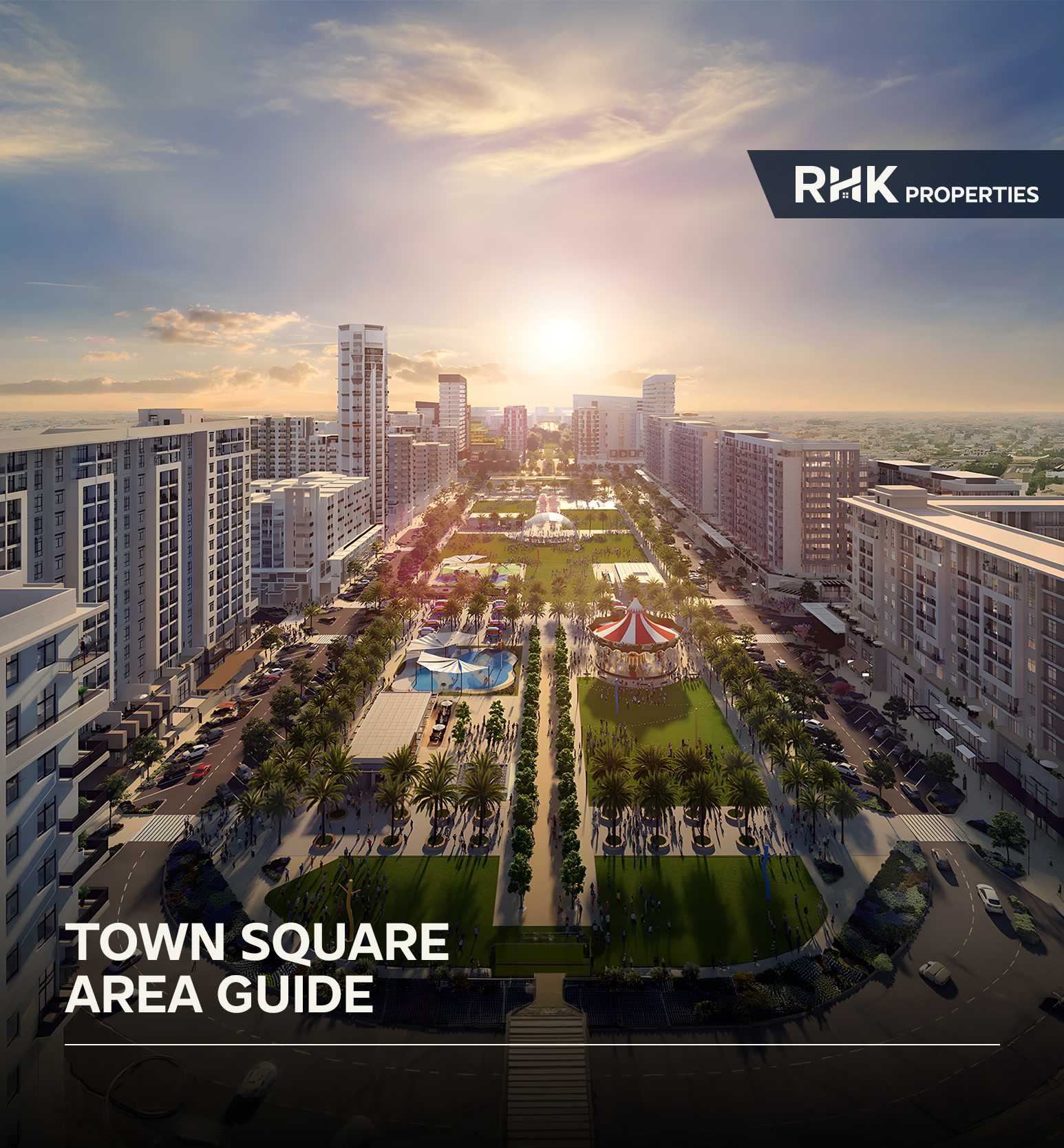 Aerial view of Town Square Dubai showcasing modern apartment buildings, palm-lined boulevards, retail spaces, and expansive parks.