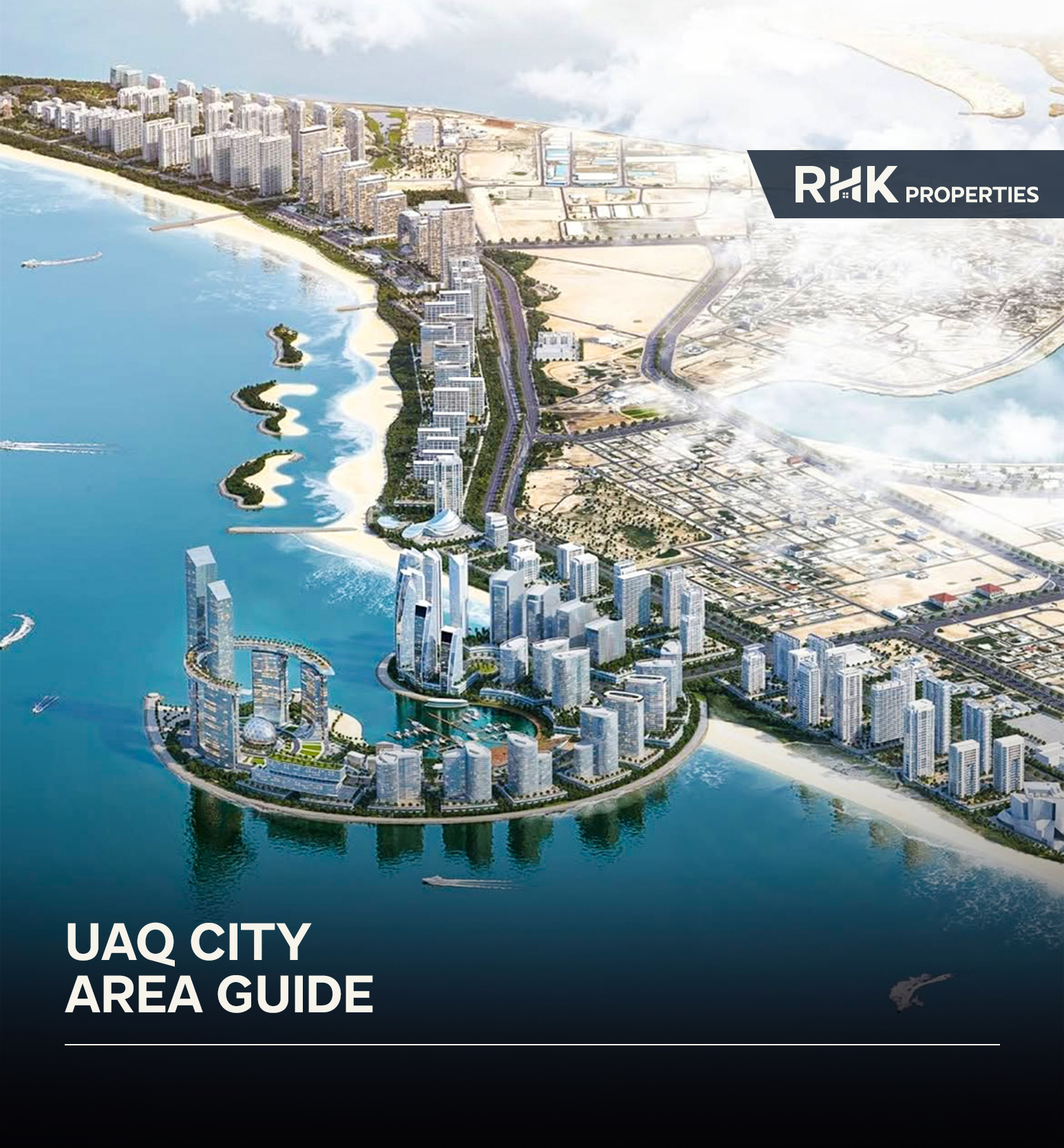 Aerial master plan rendering of UAQ City showcasing waterfront developments, modern residential towers, beaches, and mixed-use districts.